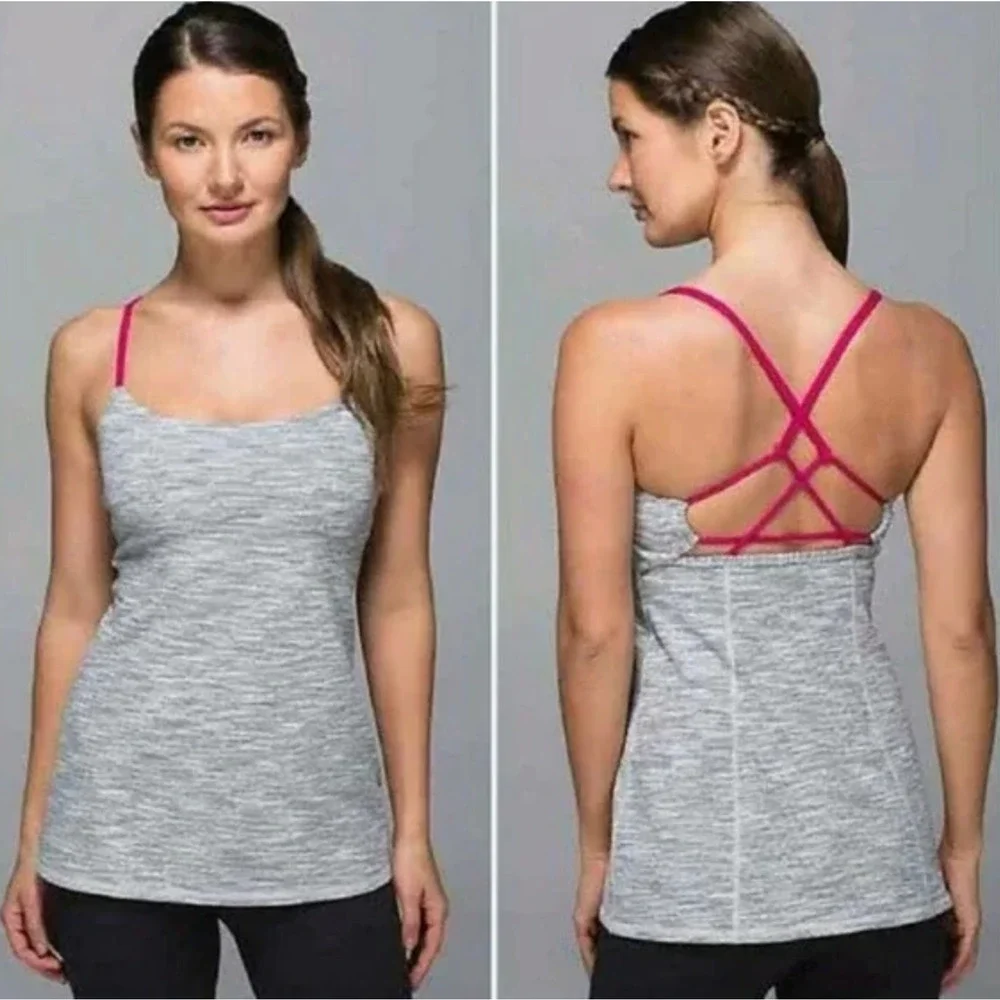 Lululemon Dancing Warrior Tank Top Womens 6 Gray Pink Strappy Shelf Bra Athletic